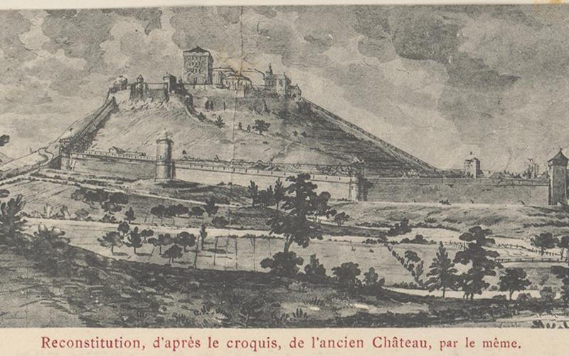 Carte postale représentant une reconstitution de l'ancien château de Bruyères d'après un croquis de Hogard